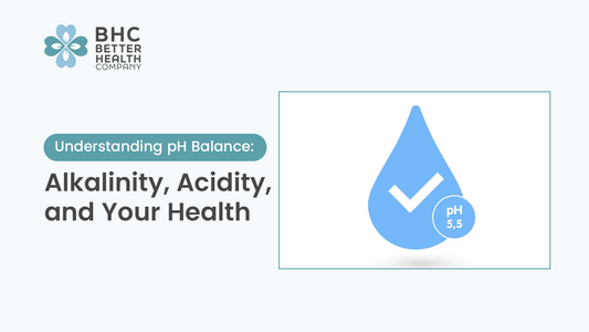 Blog banner with the text  'Understanding pH Balance: Alkalinity, Acidity, and Your Health' with BHC logo and a blue droplet icon shows pH level 5.5 with a check mark.
