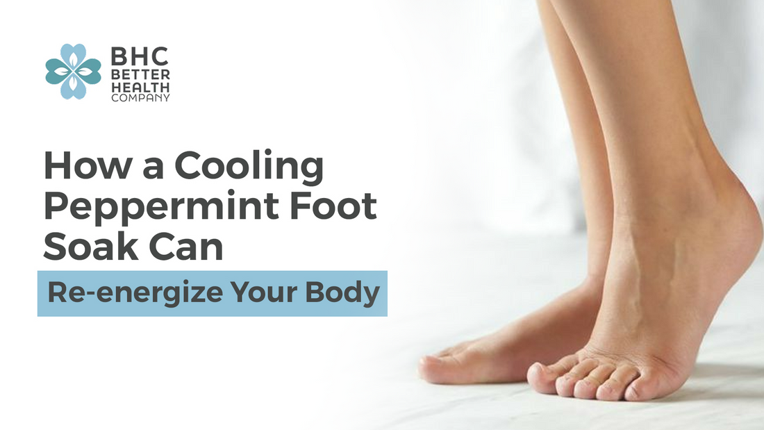 Close-up of bare feet on a white surface with a blog title that says  "How a Cooling Peppermint Foot Soak Can Re-energize Your Body."