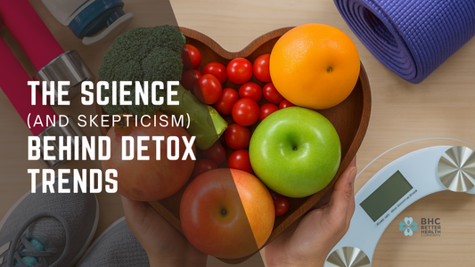 Heart-shaped bowl with fruits and vegetables held by hands, alongside fitness gear. Text reads, "The Science (and Skepticism) Behind Detox Trends." Tone is health-focused.