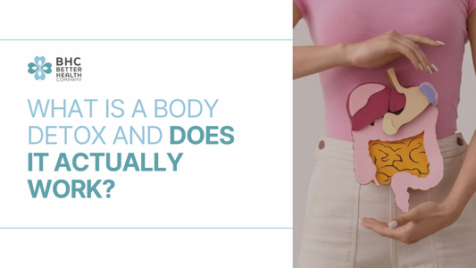 Better Health Company blog banner with a woman holding a cardboard cutout of human intestines.
