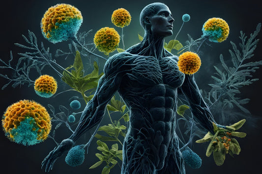 A digital rendering of a human figure with visible veins and muscles, surrounded by large, vibrant pollen and plant elements, symbolizing nature and biology.